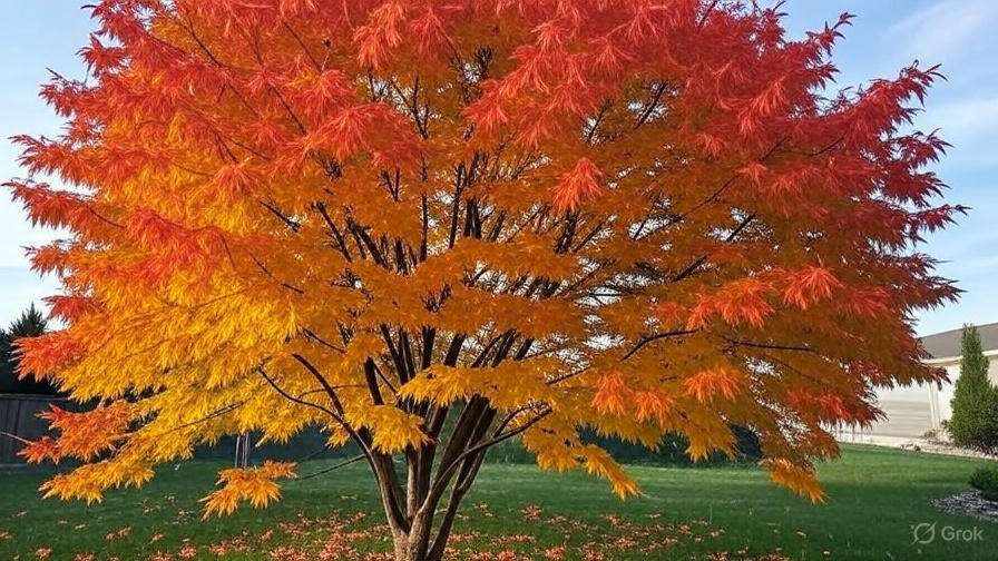 A vibrant maple tree displaying brilliant shades of orange and red leaves against a green lawn under a clear sky.