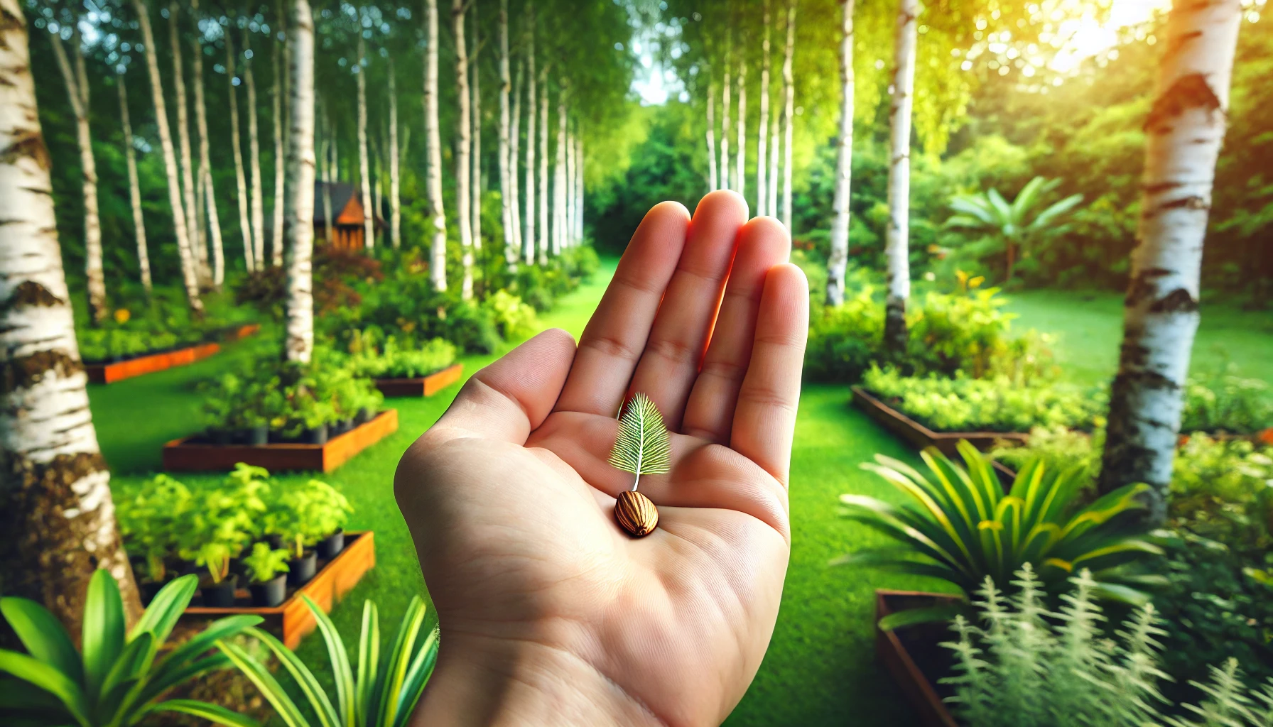 A hand holding a seedling with a tiny leaf, set against a lush garden with birch trees and vibrant green plants in the background.