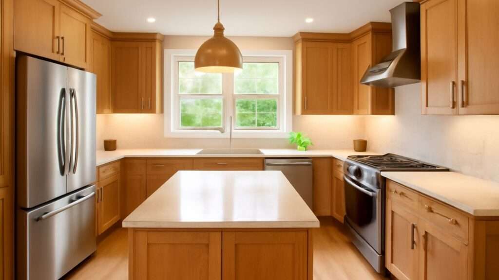 Modern kitchen featuring light wood cabinetry, stainless steel appliances, a central island, and a large window with greenery outside.