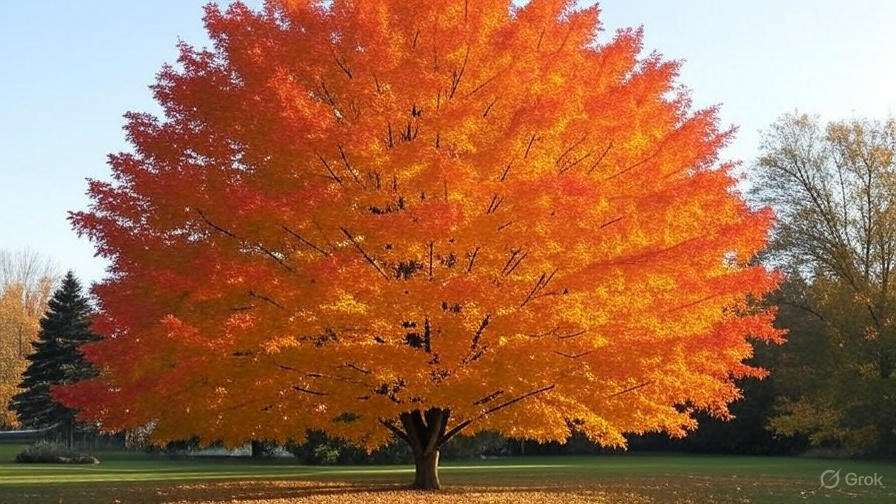 A vibrant maple tree displays stunning orange and yellow foliage against a clear sky, embodying the beauty of autumn.