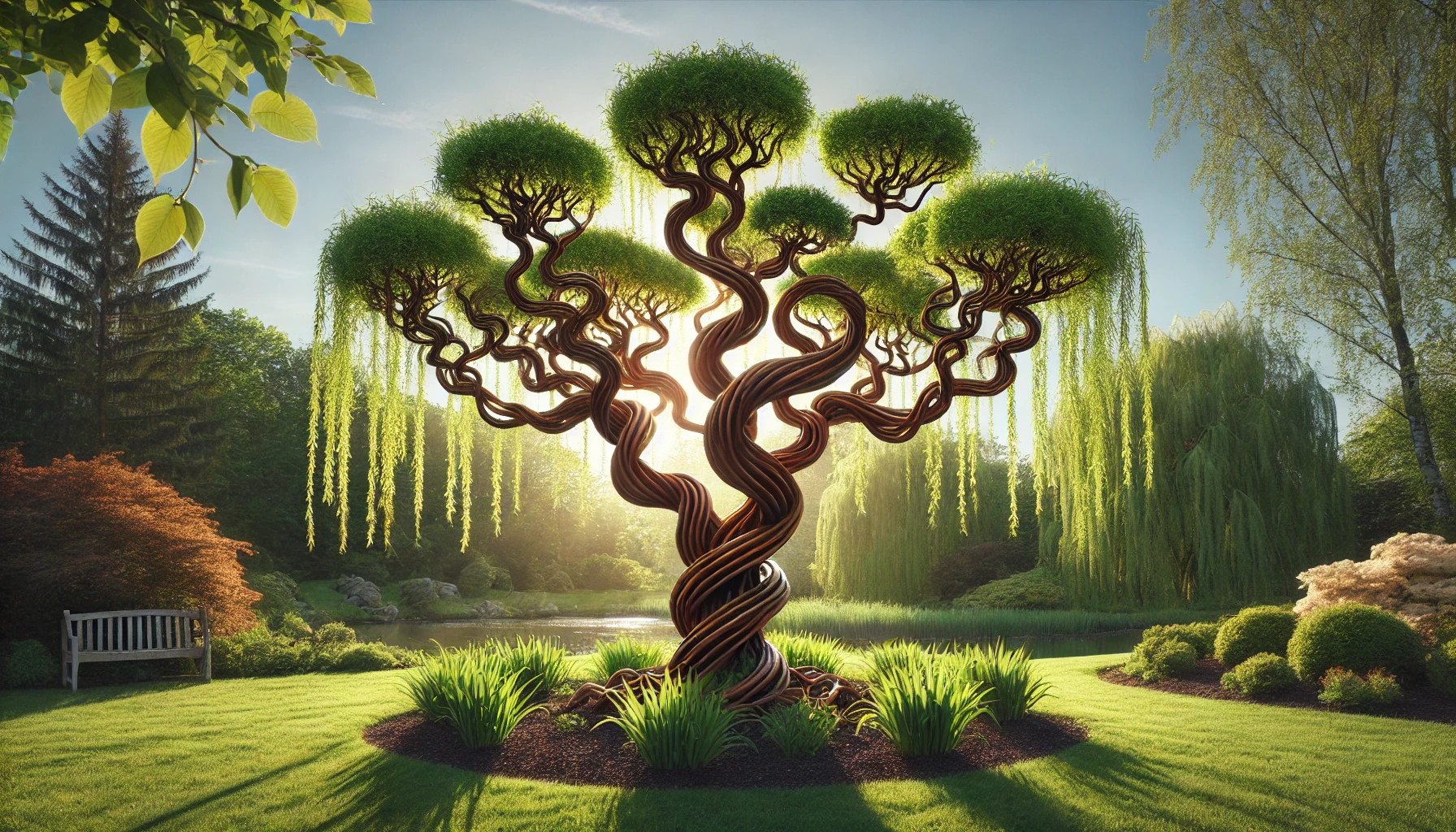 A majestic, twisted tree with lush green foliage stands in a serene garden, basking in sunlight beside a peaceful pond.