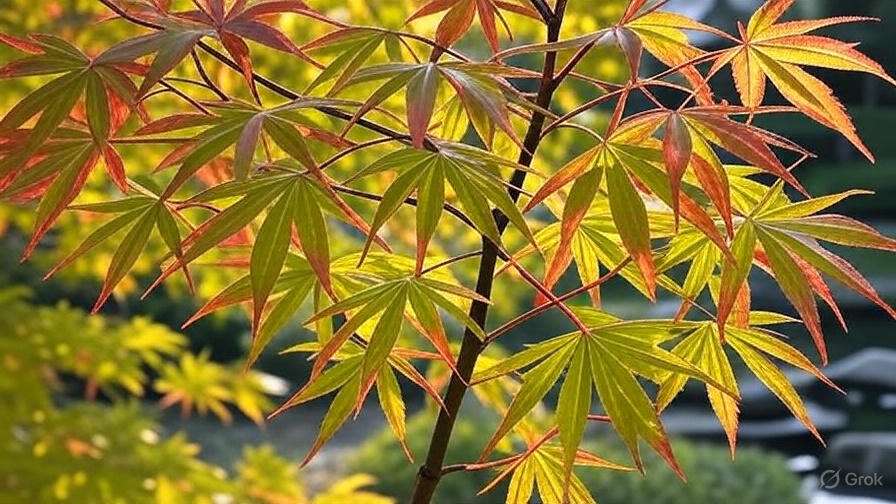 Vibrant maple leaves in shades of green and red glow in sunlight, showcasing delicate shapes against a blurred natural backdrop.