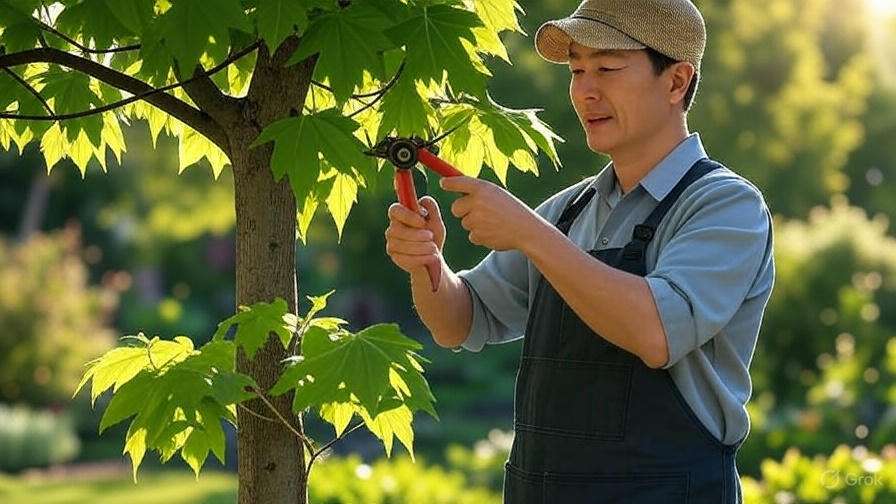 A gardener uses pruning shears to trim the vibrant green leaves of a tree in a sunlit garden, surrounded by lush greenery.