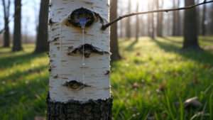 A close-up of a birch tree trunk with sap dripping from three oval-shaped cuts, surrounded by a sunlit forest and green grass.