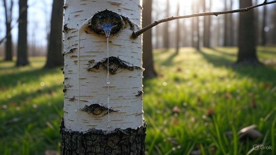 A close-up of a birch tree trunk with sap dripping from three oval-shaped cuts, surrounded by a sunlit forest and green grass.
