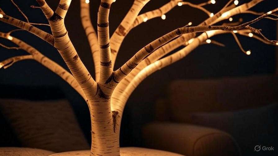 A decorative illuminated tree with slender branches, glowing softly against a dark background, creating a cozy ambiance.