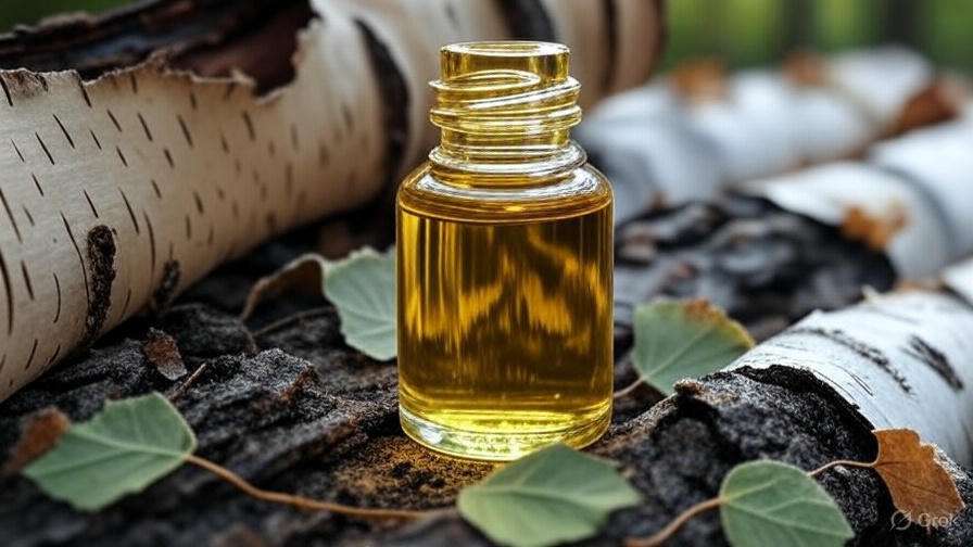 A small glass bottle of yellow oil sits on a textured log, surrounded by birch bark and green leaves, evoking a natural, earthy aesthetic.