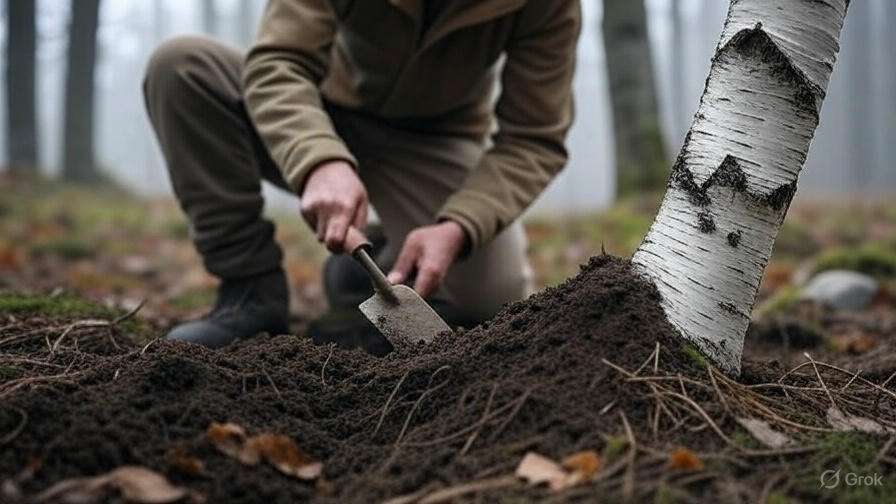 A person kneels by a birch tree, using a trowel to dig in the forest floor shrouded in mist, surrounded by fallen leaves.