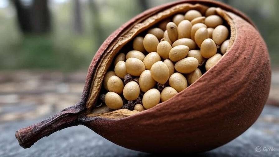 Close-up of a shed seed pod revealing numerous small, tan seeds nestled inside, set against a blurred natural background.