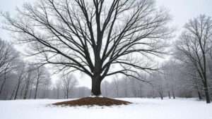 A large, leafless tree stands in a snowy landscape, surrounded by bare trees under a cloudy winter sky.