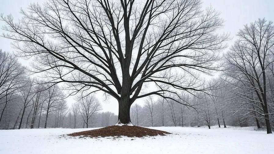 A large, leafless tree stands in a snowy landscape, surrounded by bare trees under a cloudy winter sky.