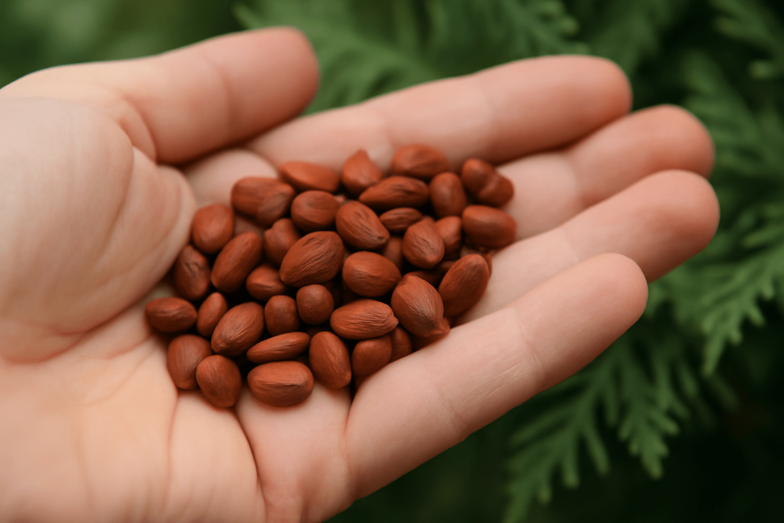 A hand holds a small pile of reddish-brown seeds, with a blurred green foliage background, conveying a natural, earthy tone.