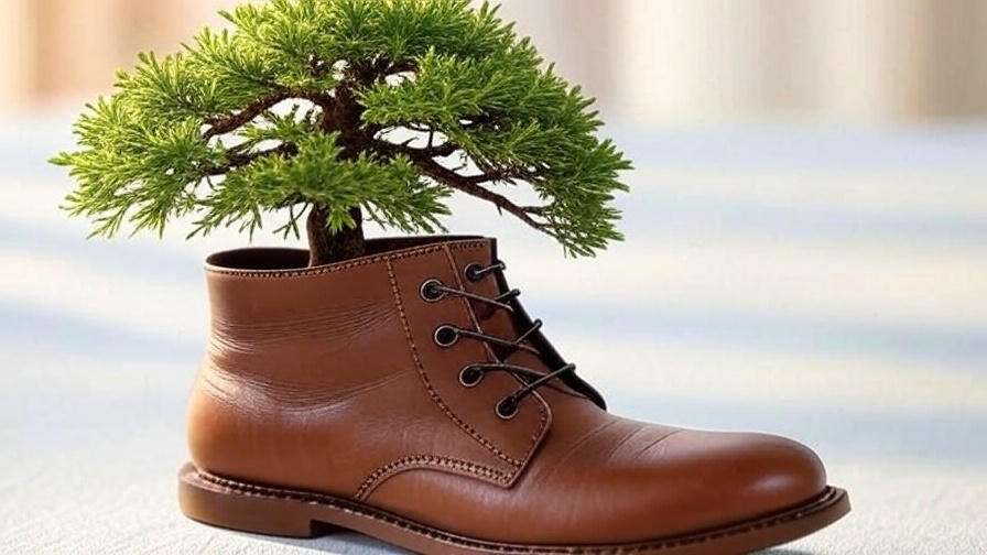 A brown leather boot with black laces serves as a planter for a small, lush green bonsai tree growing from the top. The scene is whimsical and creative.