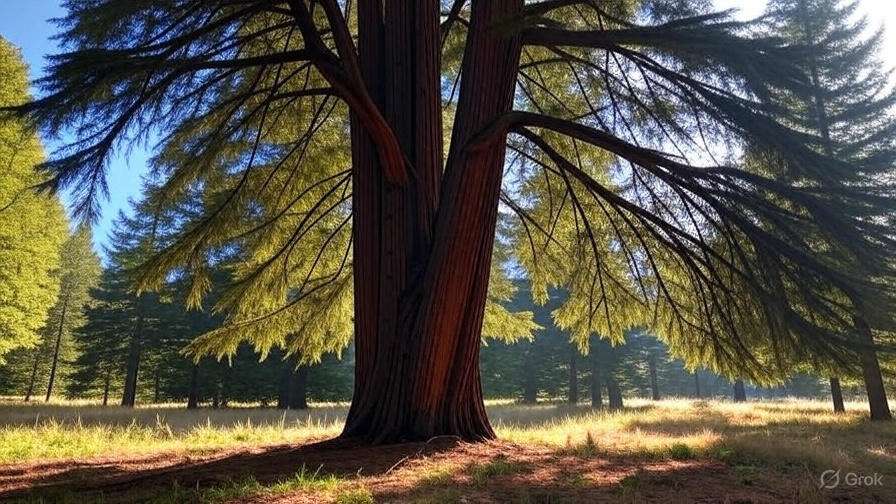 A majestic tree with a wide trunk and long, arching branches in a sunlit forest; lush greenery surrounds, evoking tranquility and awe.
