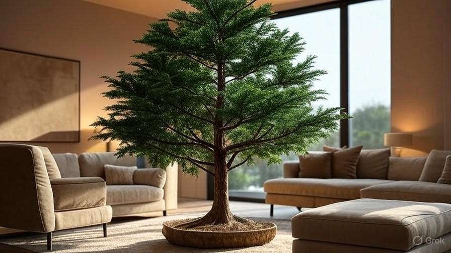 A large bonsai tree is centrally placed in a modern living room, surrounded by beige sofas and soft lighting. The scene feels tranquil and harmonious.