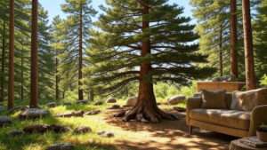 A lush forest scene with a large pine tree at the center surrounded by smaller trees. A plush sofa and chairs are set up like a living room, creating a cozy, natural ambiance.