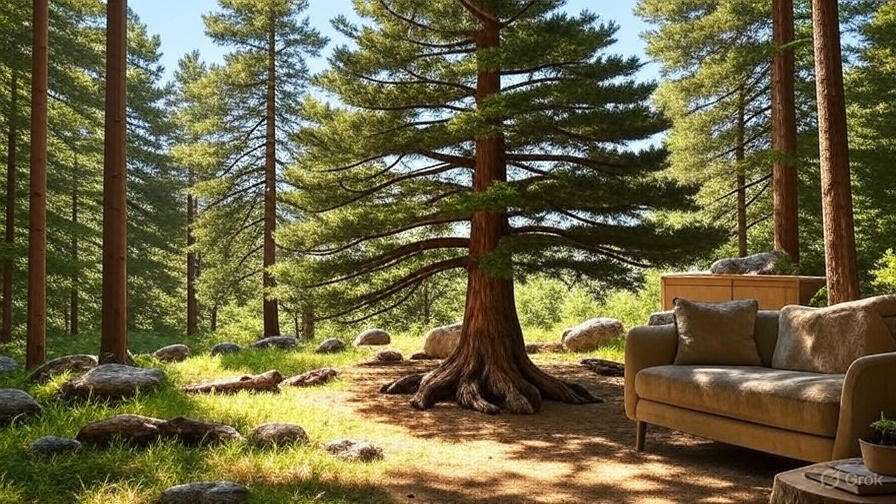 A lush forest scene with a large pine tree at the center surrounded by smaller trees. A plush sofa and chairs are set up like a living room, creating a cozy, natural ambiance.