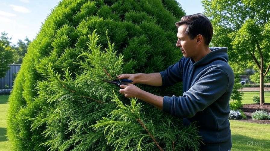 A man in a hoodie carefully trims lush green branches of a conical tree in a well-maintained garden, conveying a sense of focus and tranquility.
