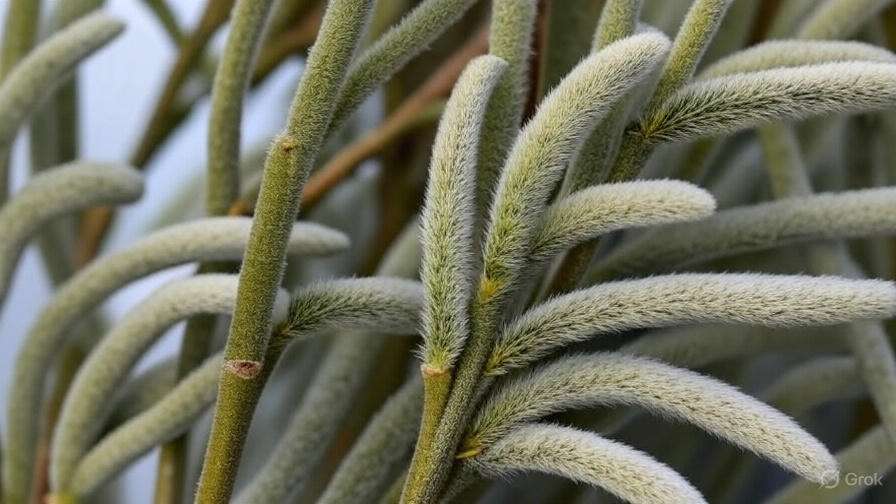 Close-up of soft, velvety plant stems with a pale green, fuzzy texture. The composition feels calm and natural, highlighting their unique surface.