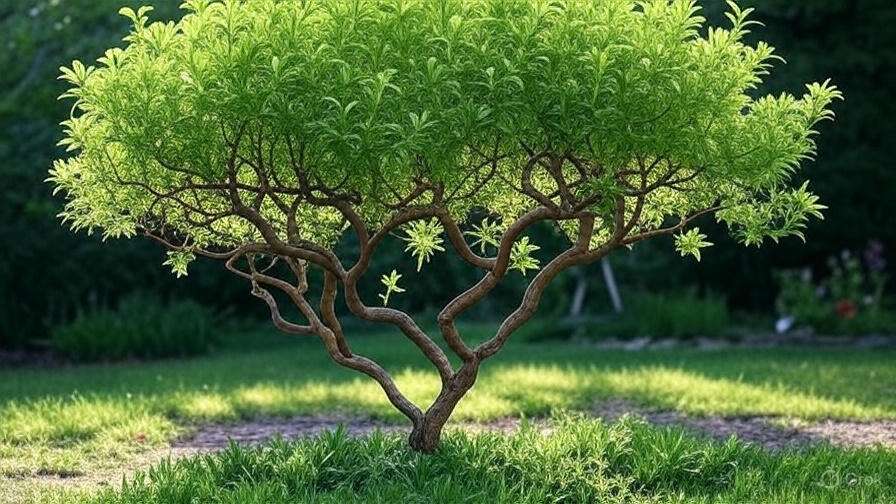 A vibrant green tree with a bushy canopy and intricately twisted branches stands on lush grass, surrounded by greenery.
