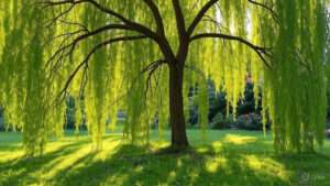 A lush willow tree with cascading green leaves is bathed in sunlight. Shadows stretch on vibrant grass, conveying a serene and tranquil ambiance.
