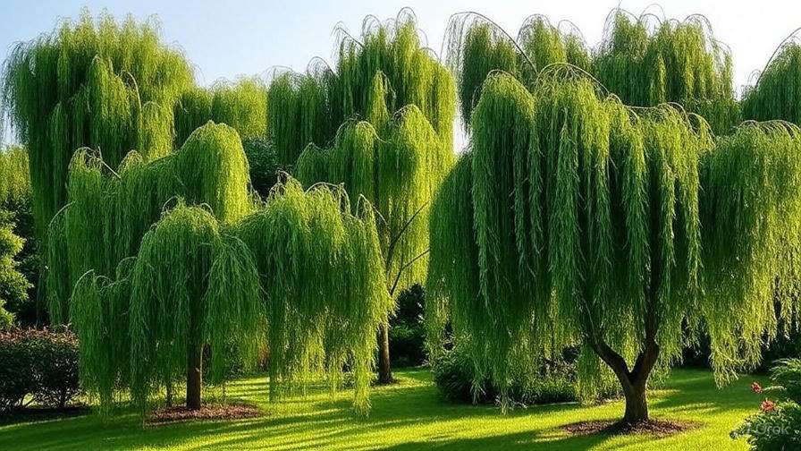 A serene landscape featuring lush, green weeping willow trees casting long shadows on a sunlit lawn. The scene embodies tranquility and nature's beauty.