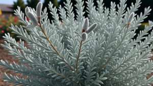 Silvery foliage plant with soft, fuzzy buds in a garden. The intricate leaves are layered and dense, creating a textured and serene visual.