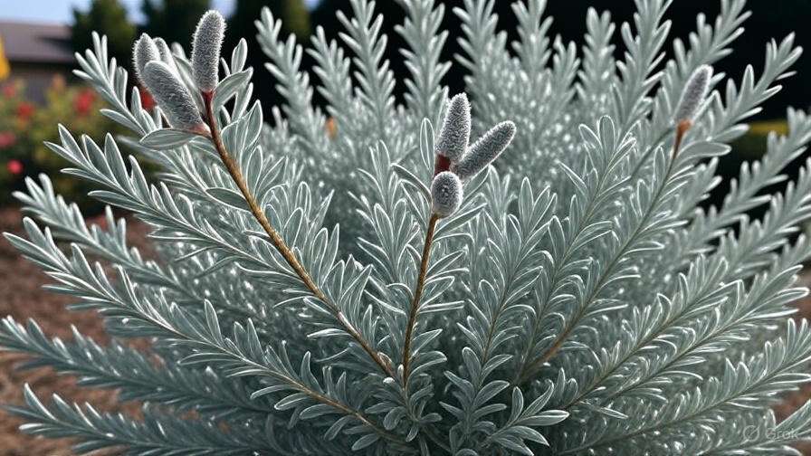 Silvery foliage plant with soft, fuzzy buds in a garden. The intricate leaves are layered and dense, creating a textured and serene visual.