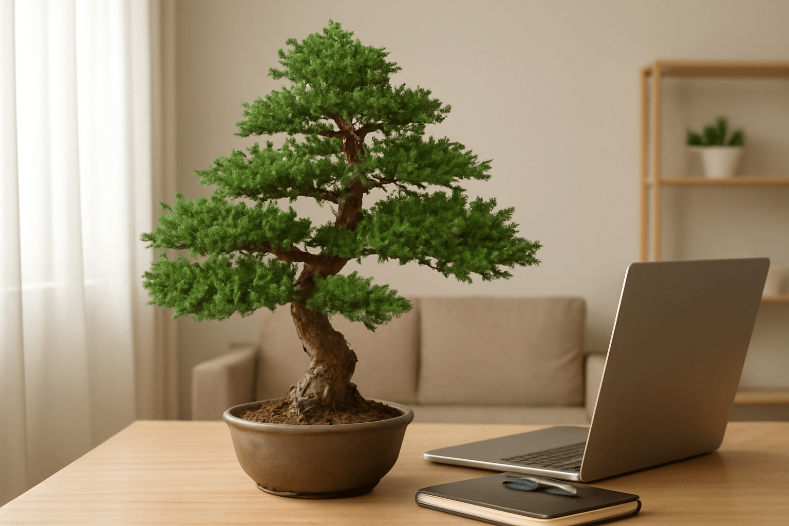 A bonsai tree on a table beside a laptop, notebook, and pen. The room is softly lit, with a couch and shelving in the background, conveying a serene workspace.