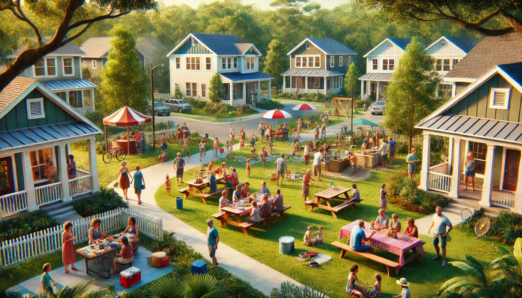 A vibrant neighborhood gathering with people enjoying food, games, and socializing outdoors, surrounded by charming houses and greenery.