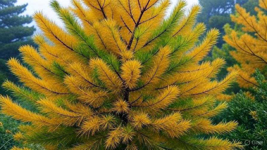 Close-up of a vibrant yellow and green pine tree showing intricate needle patterns against a misty background.