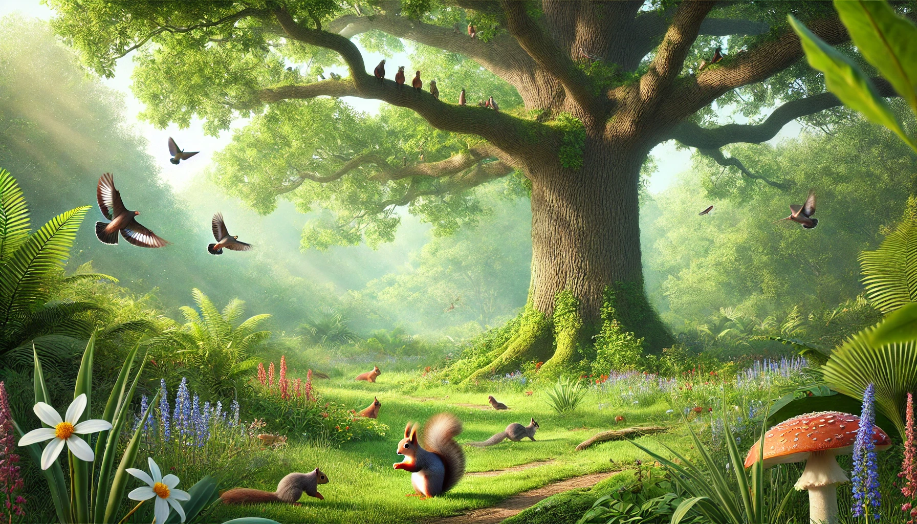 A vibrant forest scene with a large tree, playful squirrels, colorful flowers, and birds flying above in dappled sunlight.