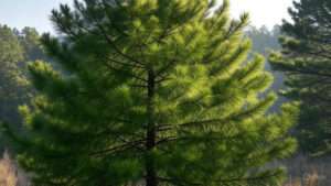 Lush green pine tree with long needles, basking in sunlight with a blurred forest backdrop.