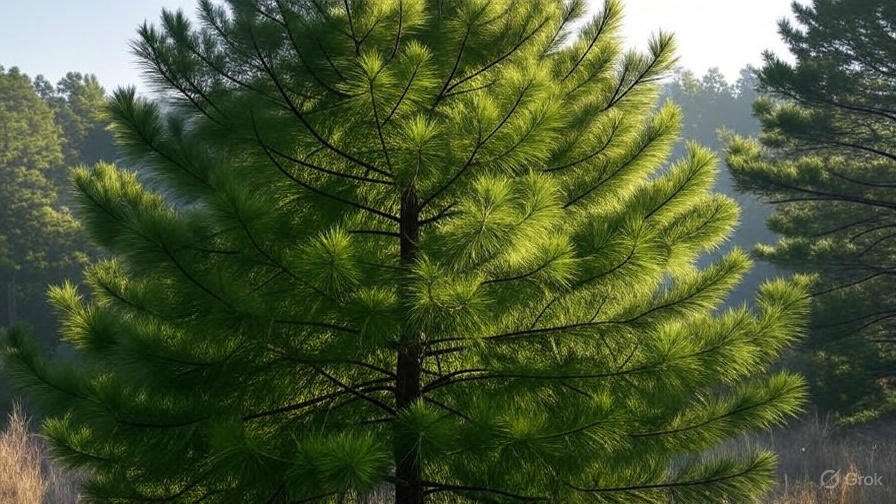 Lush green pine tree with long needles, basking in sunlight with a blurred forest backdrop.
