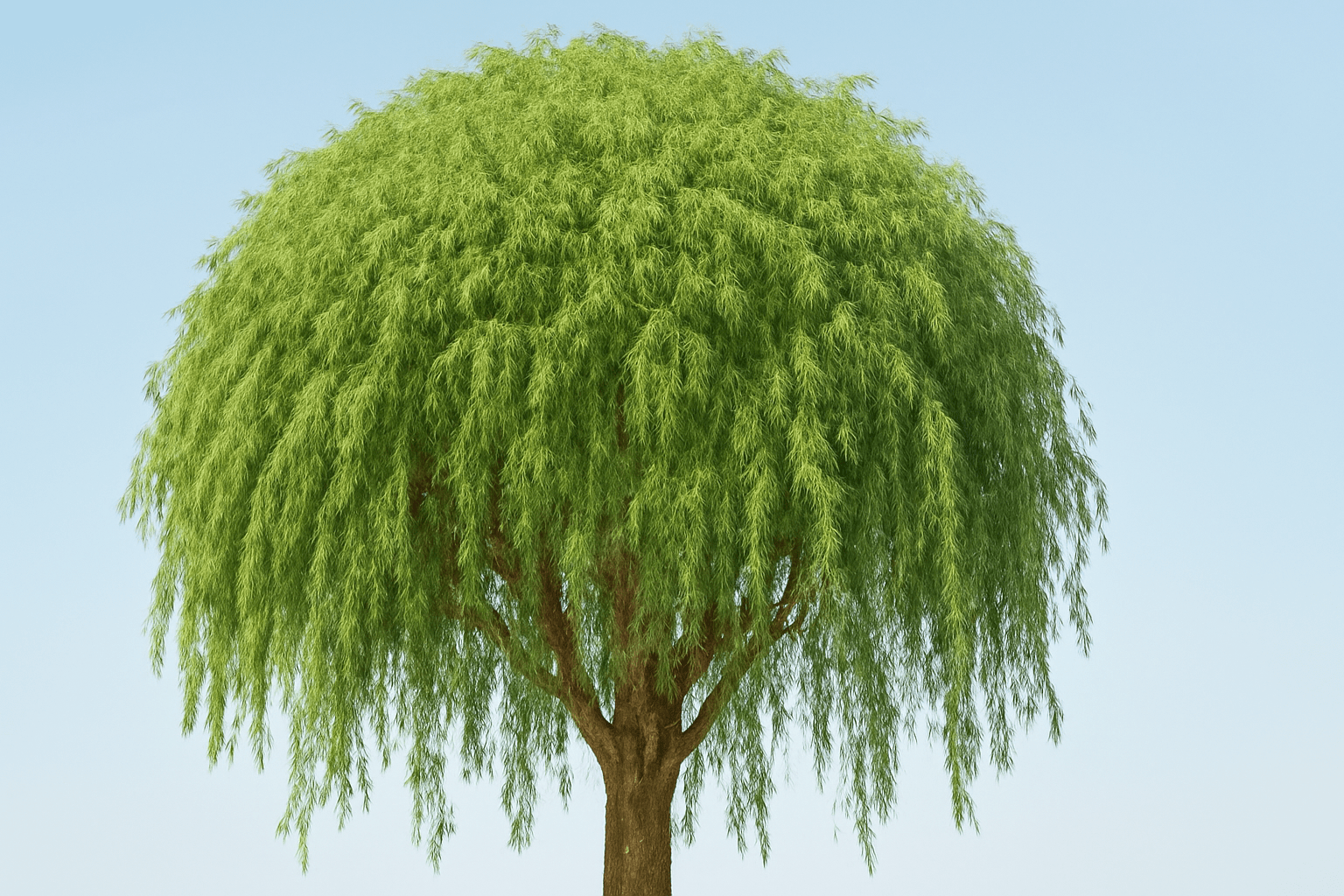 Detailed 3D representation of a willow tree, highlighting its graceful, sweeping branches and vibrant leaves.