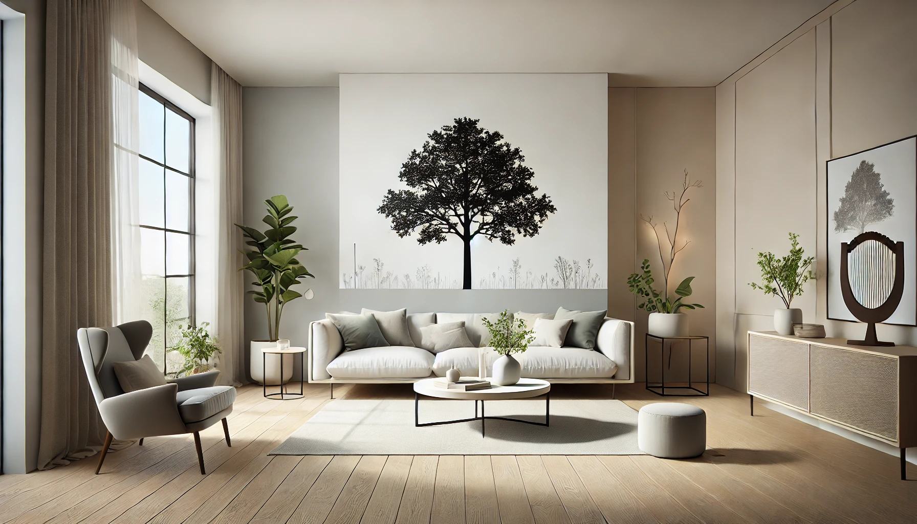 Modern living room featuring a large mural of a tree, stylish furniture, plants, and warm wooden flooring, creating a serene ambiance.