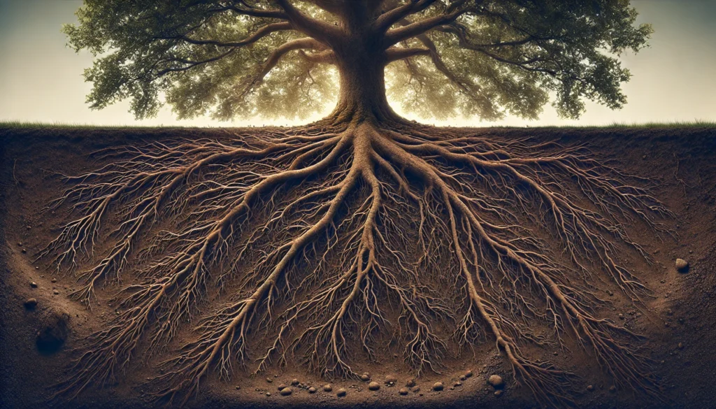 A large tree with expansive roots, showcasing intricate details underground against a softly lit background.