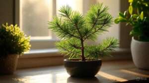 A small, vibrant pine bonsai in a dark pot, bathed in warm sunlight, surrounded by green plants on a wooden surface.
