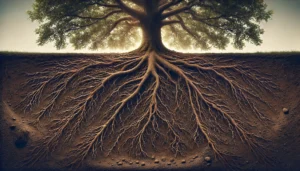 A large tree with expansive roots, showcasing intricate details underground against a softly lit background.