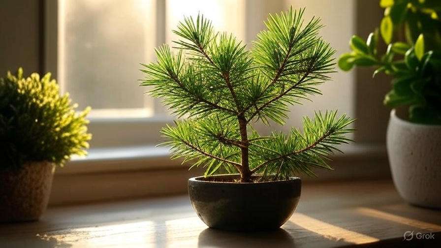 A small, vibrant pine bonsai in a dark pot, bathed in warm sunlight, surrounded by green plants on a wooden surface.