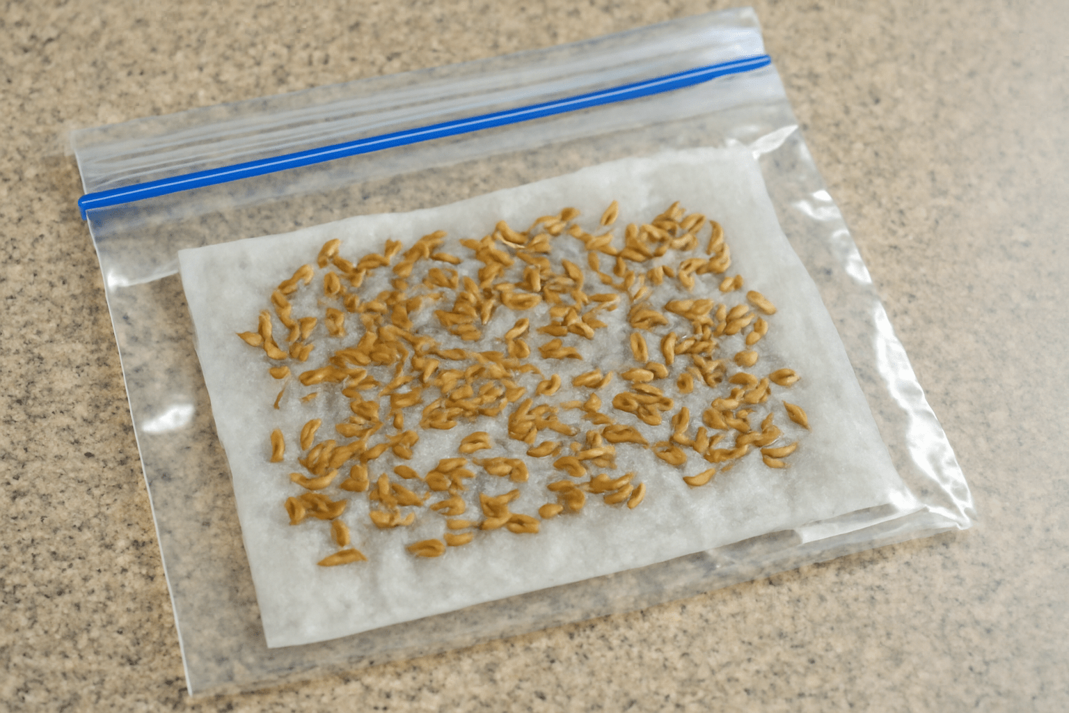 Seeds are spread on a damp paper towel inside a clear plastic bag on a speckled countertop, suggesting a seed germination process.