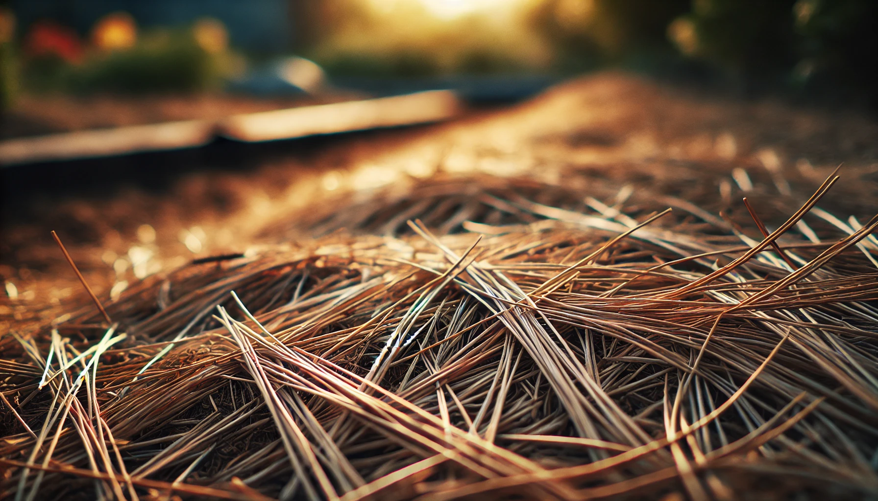 A close-up of dried pine needles on the ground, illuminated by warm sunlight, creating a serene natural atmosphere.