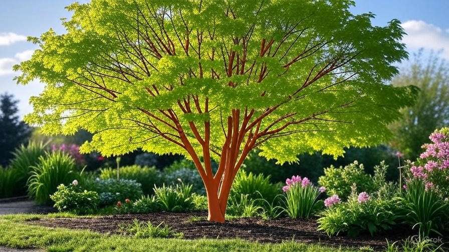 A vibrant green tree with a striking orange trunk surrounded by colorful flowers and lush greenery in a sunny garden.