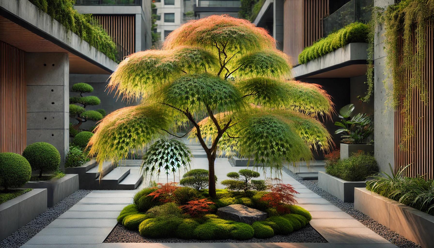 A vibrant Japanese garden featuring a lush maple tree, rounded shrubs, stones, and a serene pathway amidst modern architecture.