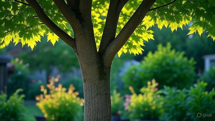 Sunlight filters through vibrant green leaves of a maple tree, casting shadows on a lush garden filled with colorful plants.
