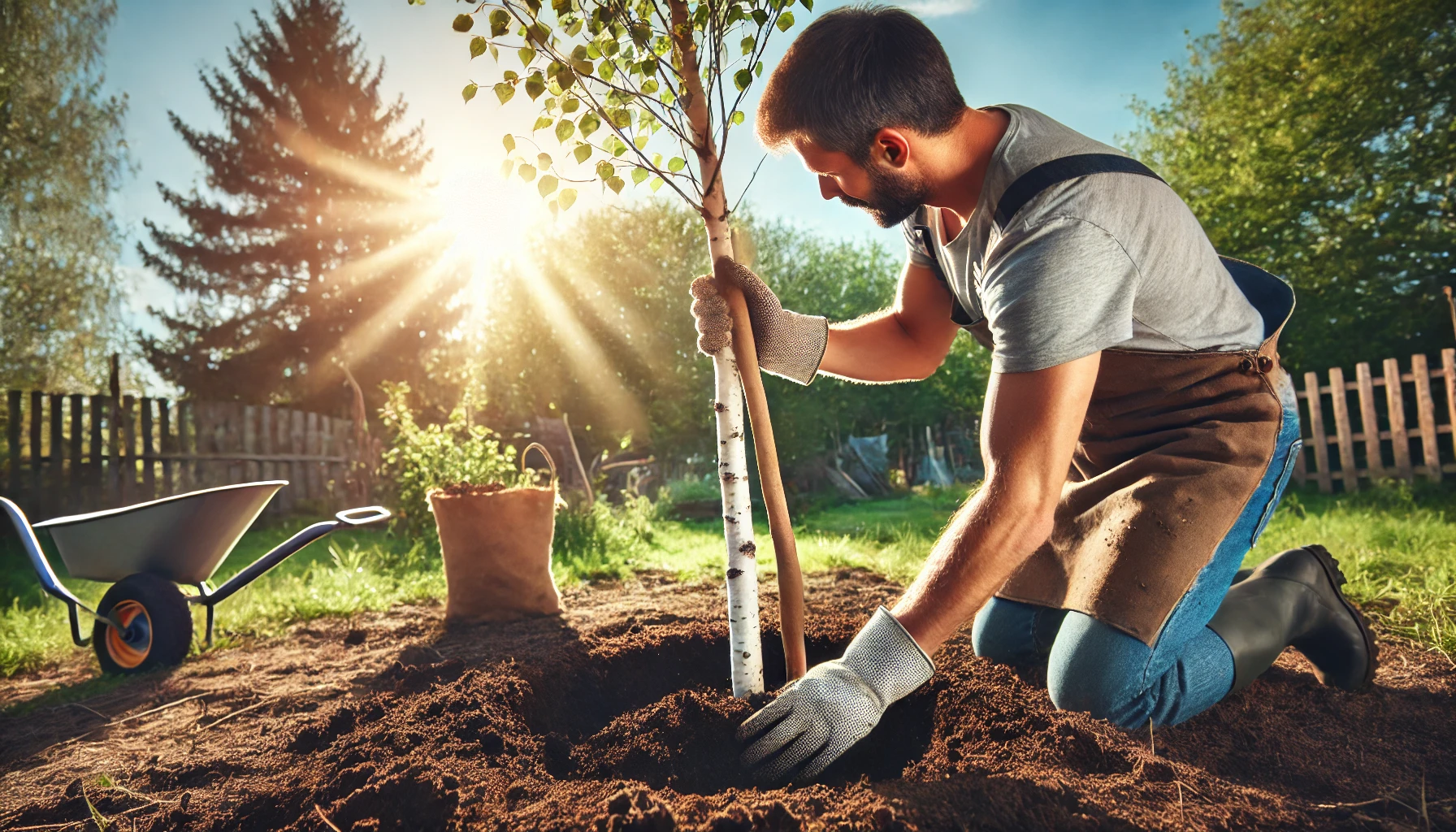 A person kneels in a garden, planting a young tree in rich soil, with sunlight streaming through the trees and tools nearby.