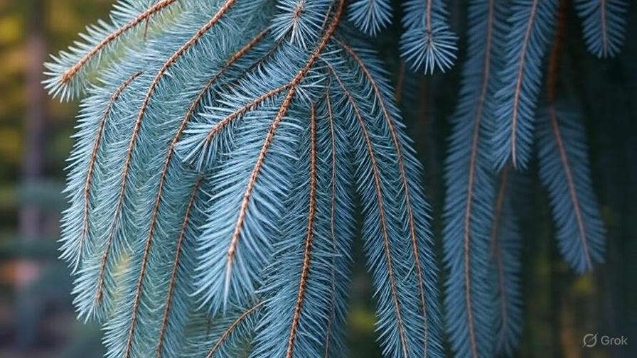 Close-up of blue spruce branches, showcasing their vibrant blue-green needles and brown stems glistening in soft natural light.
