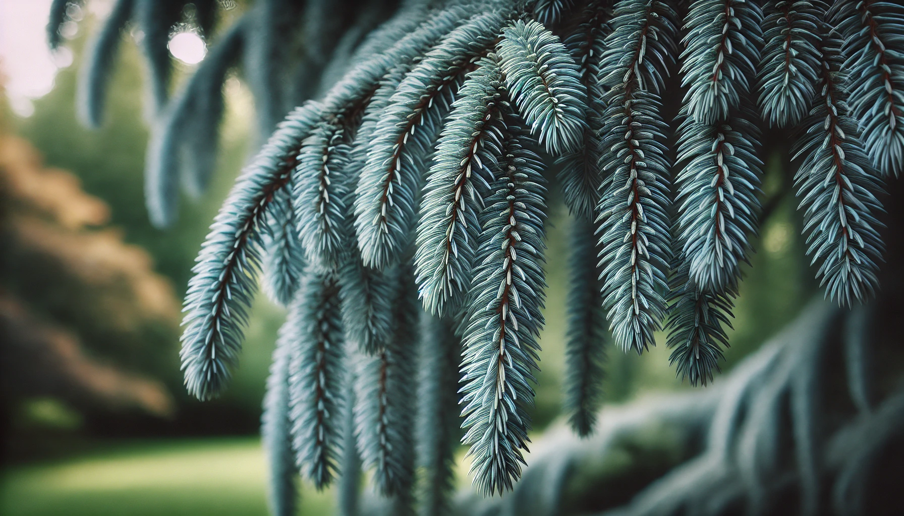 Close-up of soft, blue-green pine needles hanging from a branch, with a blurred natural background, showcasing intricate texture.