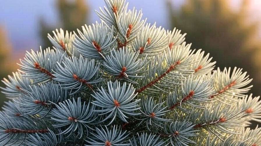 Close-up of a silvery-blue pine tree, showcasing its delicate needles and reddish-brown stems with a soft, blurred background.