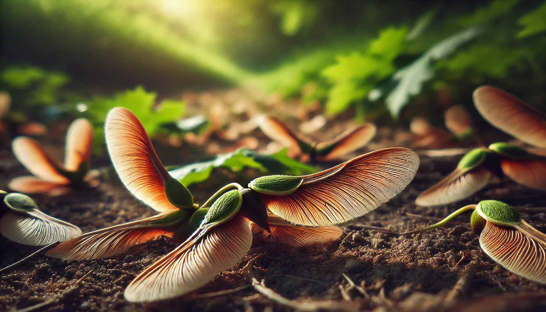 Close-up of vibrant seed pods with thin, feathery wings resting on rich soil, surrounded by green foliage and gentle sunlight.